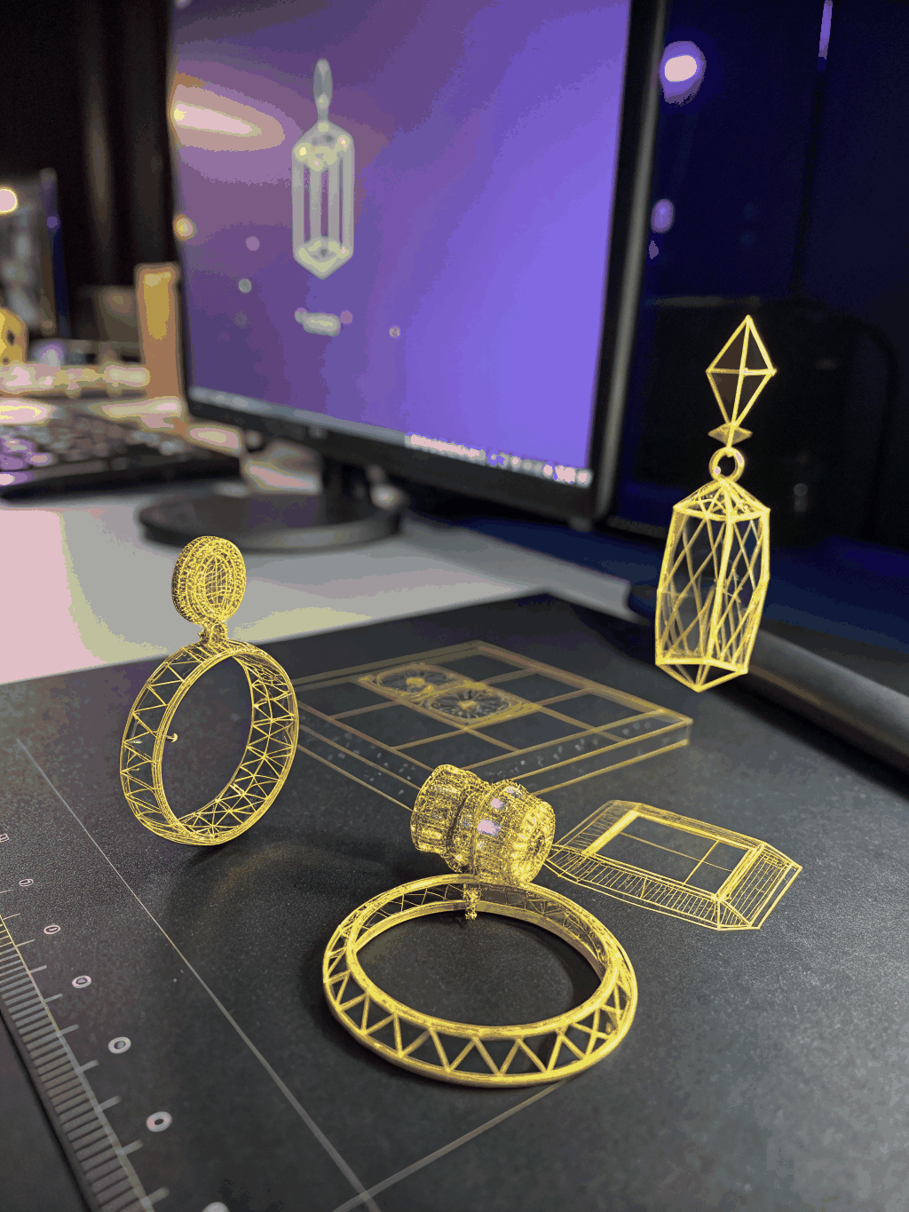 Technical wireframe view of a multi-stone jewelry setting